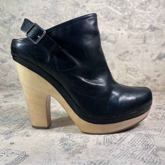 Belle by Sigerson Morrison , Black Leather Wood Clog Heels - Picture 2 of 14